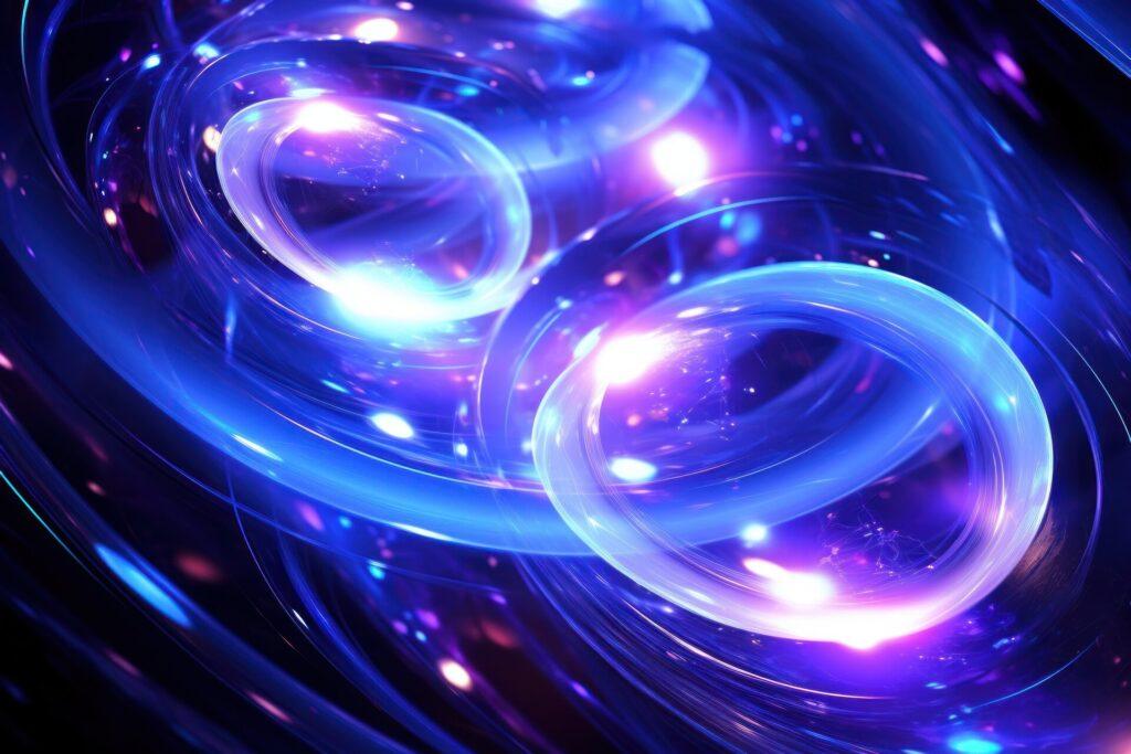 Dynamische Komposition mit einem Wirbelwind aus blauen und lila Kreisen. Hintergrund.