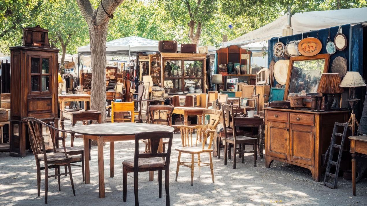 Second-Hand-Möbel auf einem Flohmarkt als kostengünstige Option für die Wohnungssanierung in Berlin.