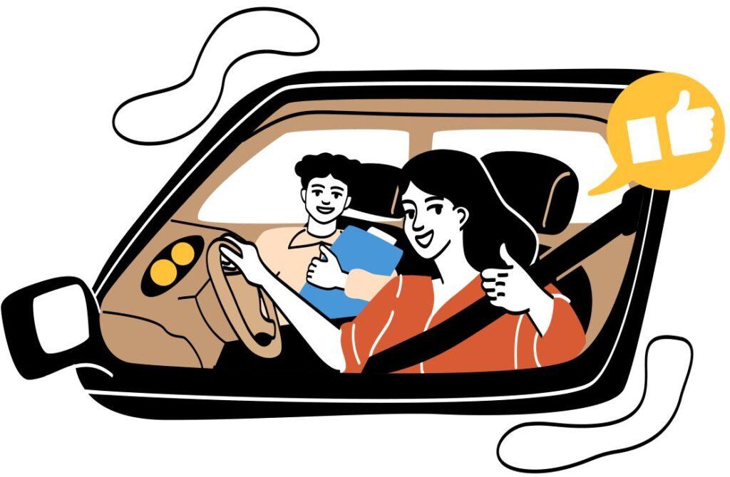 Illustration einer Fahrschülerin am Steuer mit Fahrlehrer im Auto, beide lächeln und zeigen Daumen hoch – Übung für den Führerschein.