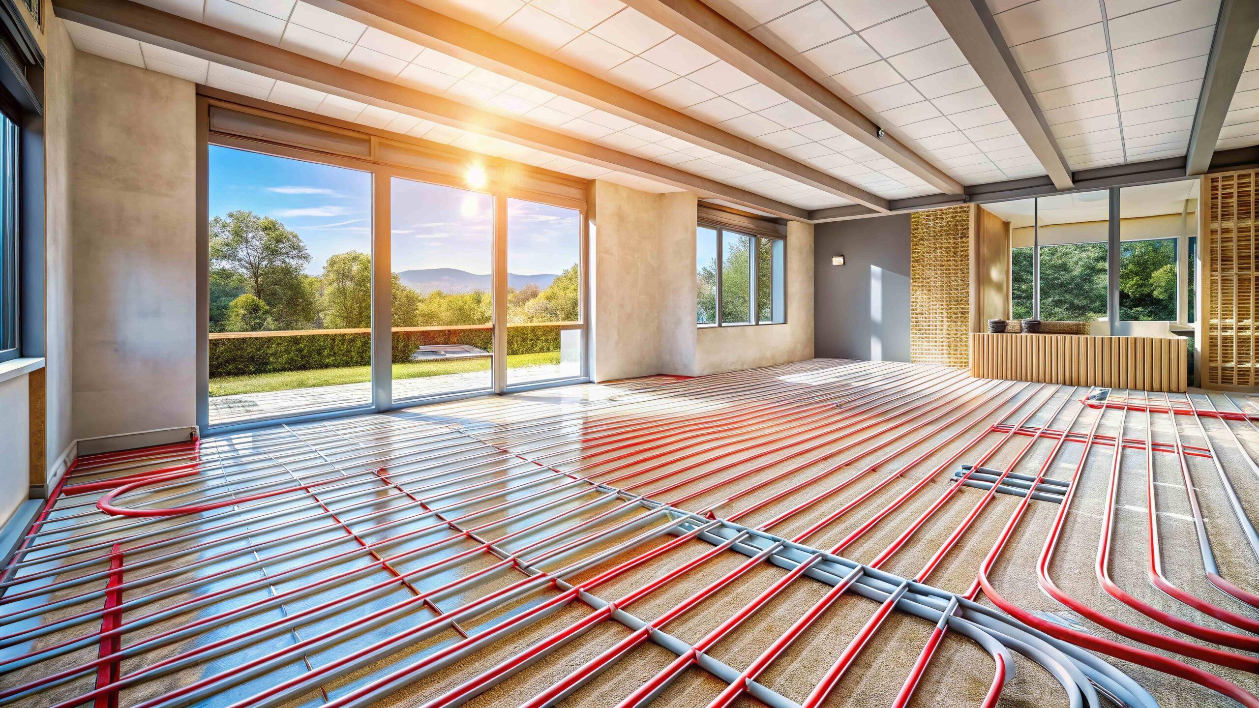 Panoramablick: Installation von Fußbodenheizung in der modernen Wohnungsbau