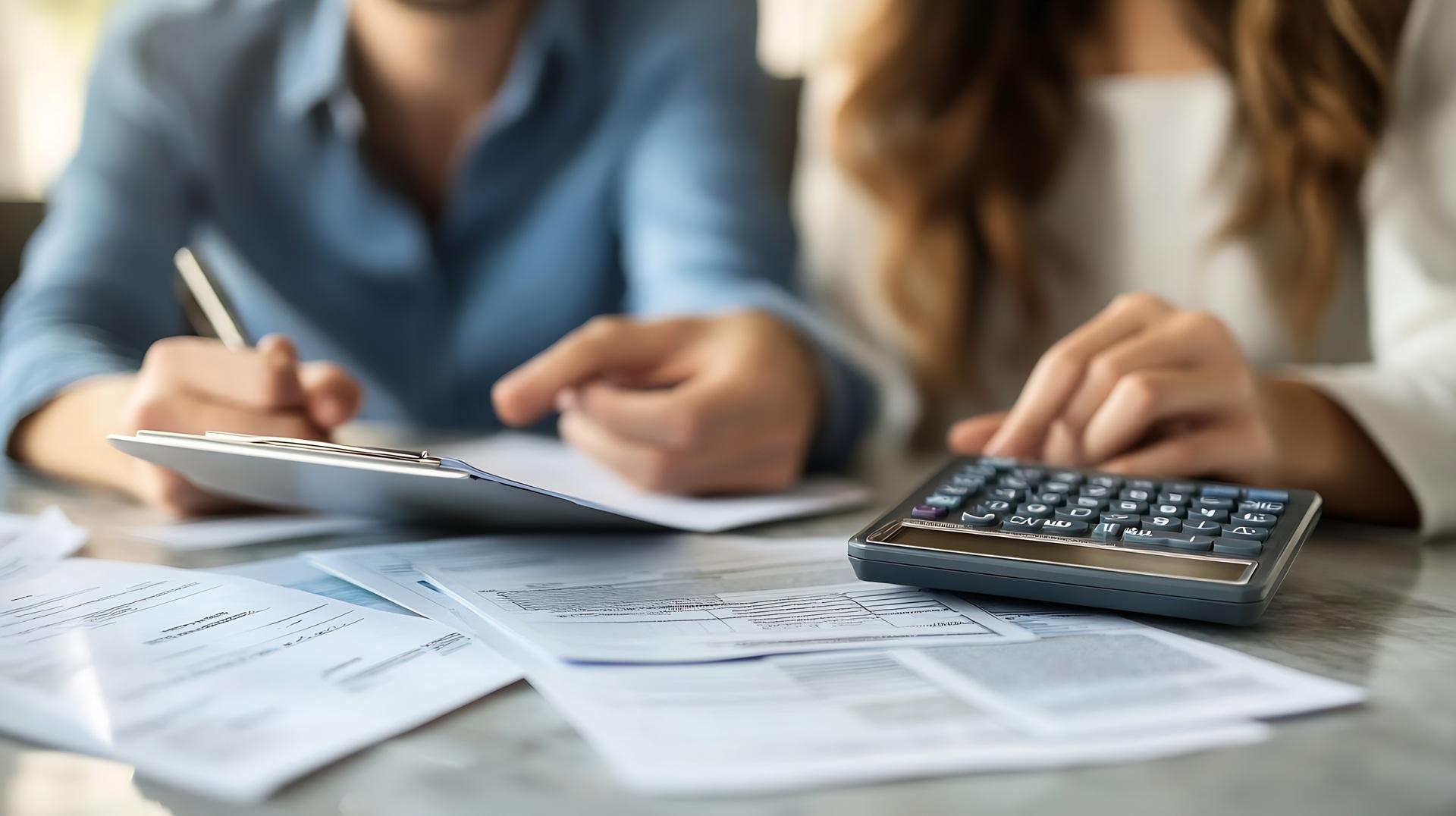 Paar rechnet Haushaltsbudget mit Taschenrechner | Mac geht nicht an