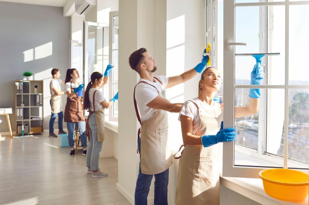 Team bei der professionellen Fensterreinigung in modernen Büroräumen in Berlin