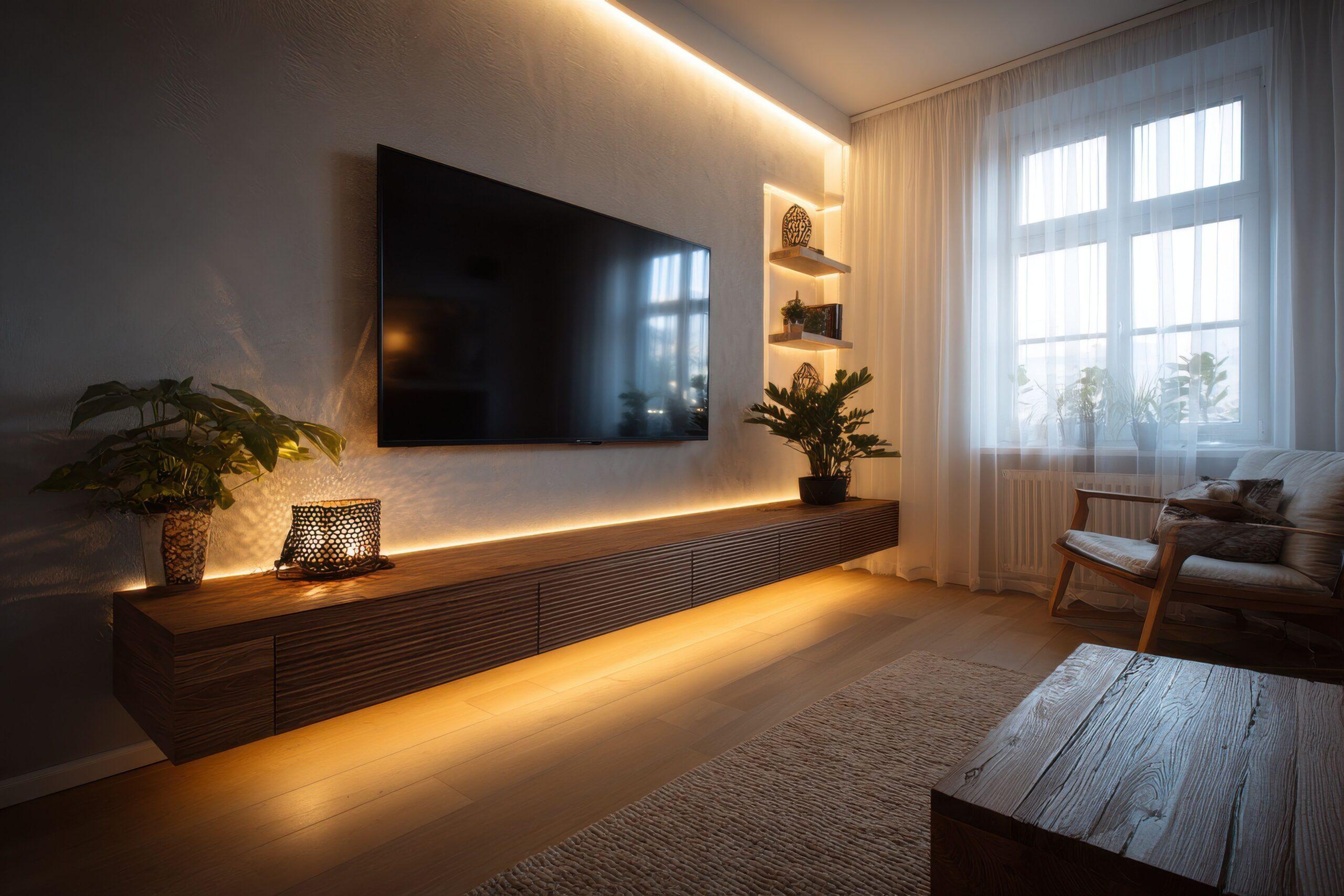 Wohnzimmer mit Fernseher und schwebendem Schrank, beleuchtet von LED-Streifenlichtern und Pflanzen in der Nähe eines Fensters