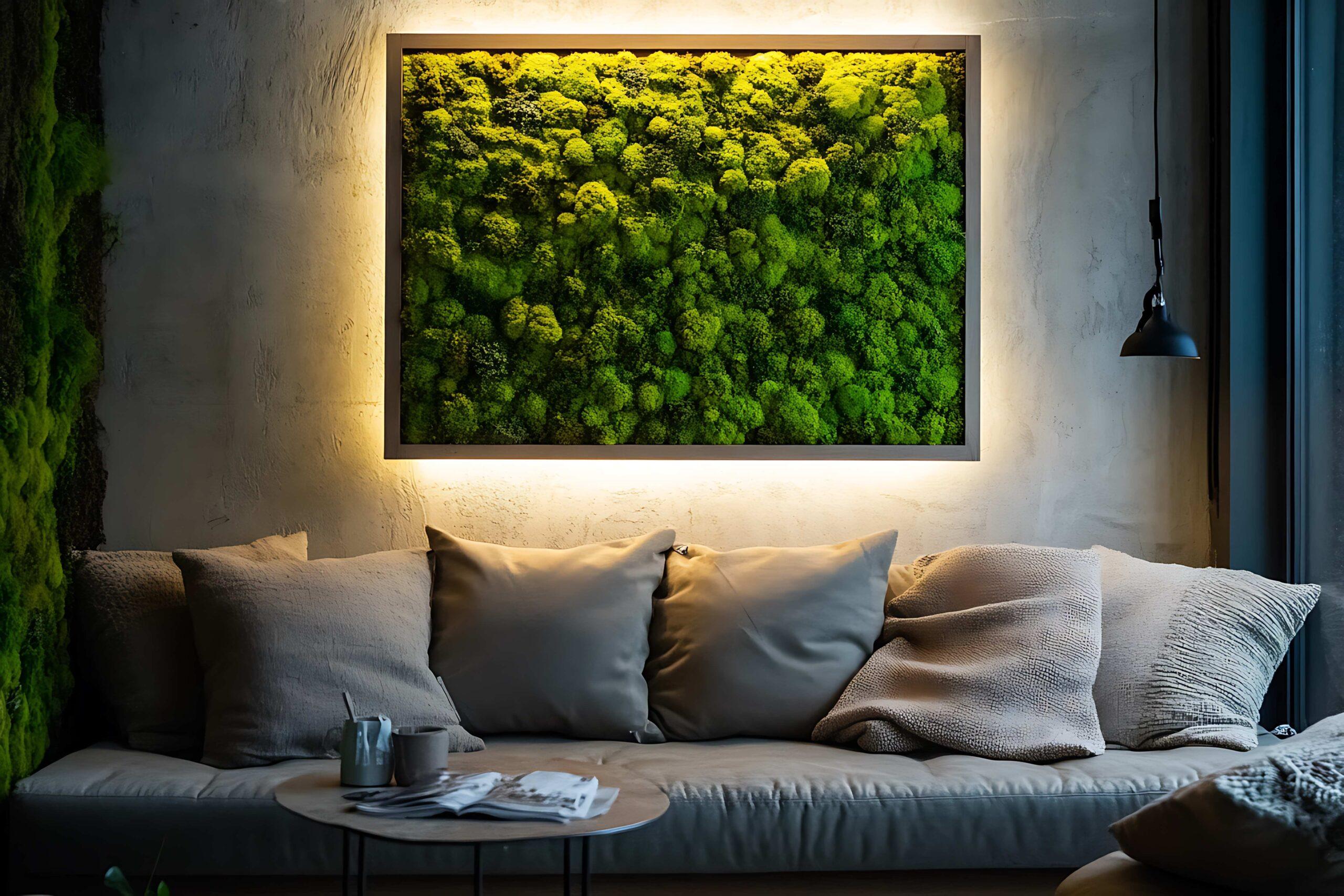 Green moss wall decor in modern interior 